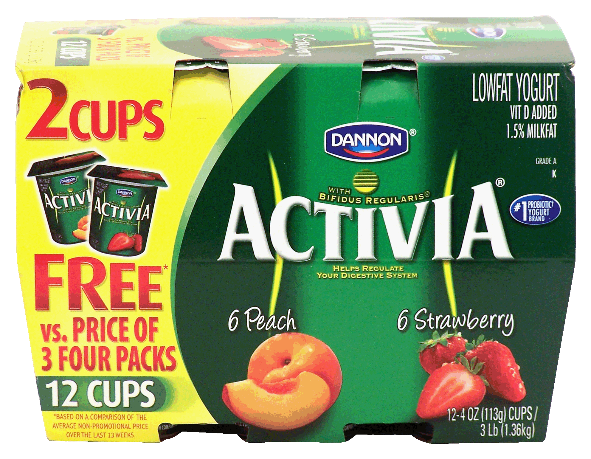 Dannon Activia lowfat yogurt 4oz 12 Ct Cups, 6 strawberry, 6 peach Full-Size Picture